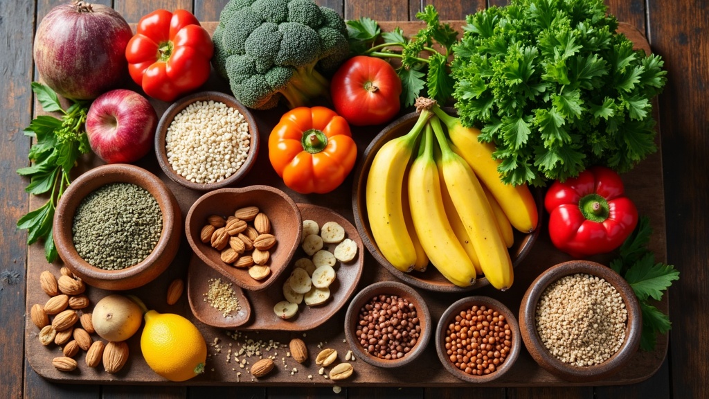 A selection of whole foods such as fruits, nuts, seeds, grains, and vegetables, arranged on a rustic wooden table alongside running gear