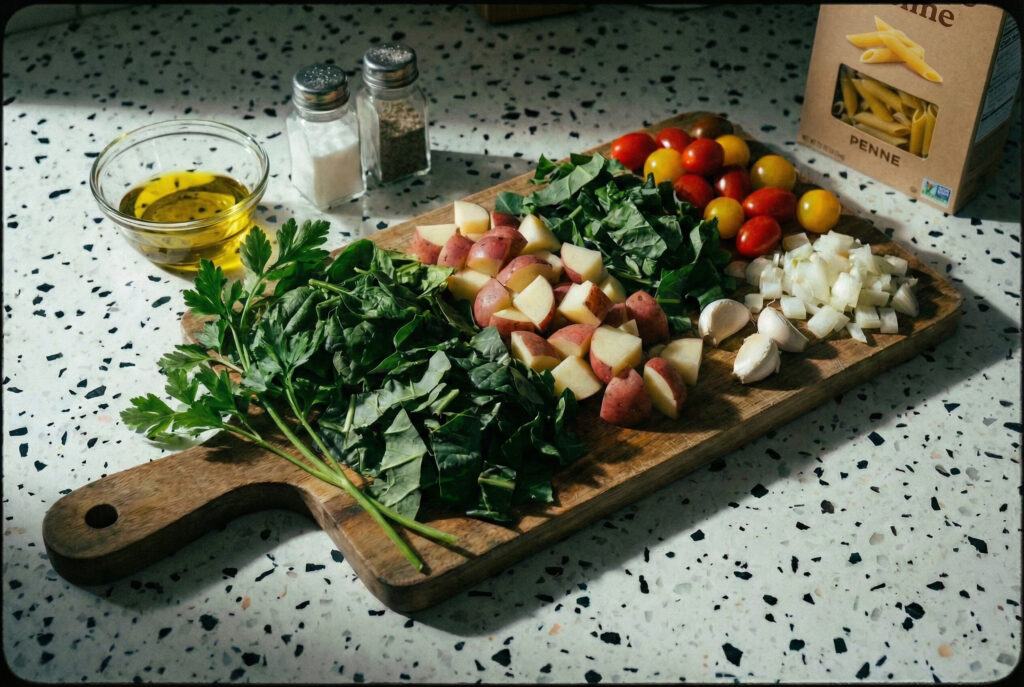 Fresh potatoes, leafy greens, garlic, and cherry tomatoes prepped for Pasta del Brigadiere