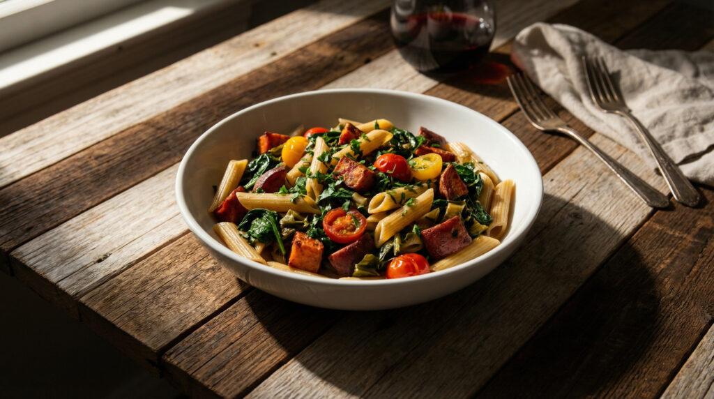 Plant-forward Pasta del Brigadiere made with garden potatoes, greens, and chickpeas