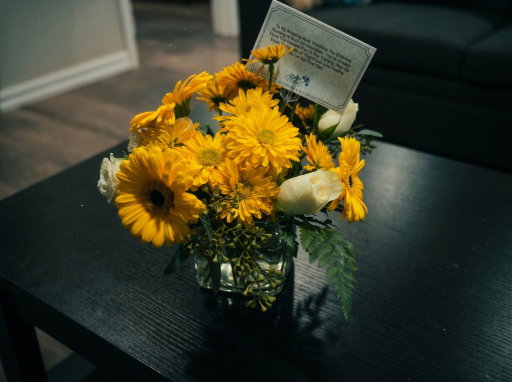 Bouquet of flowers carried by family in Boston as a quiet dedication before the sixth-star race.