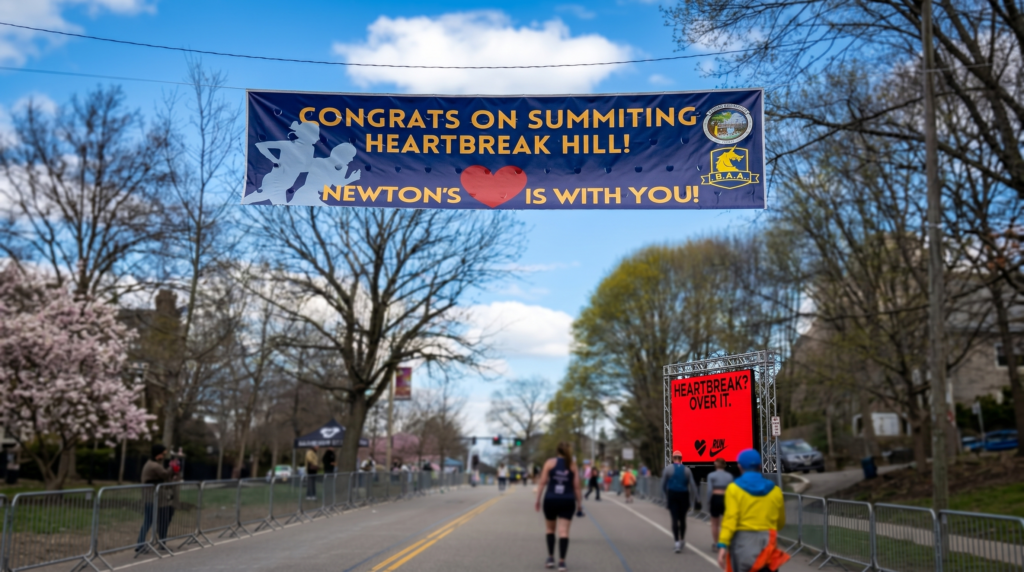 Course banner reading “Congrats on summiting Heartbreak Hill! Newton’s heart is with you!” above the Boston Marathon route.